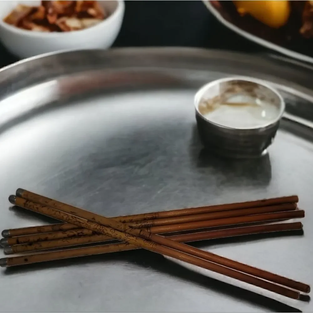 Vintage Chinese Bamboo Chopsticks with Metal Tips 6pcs